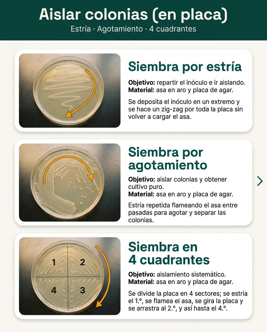 Aislar colonias en placa: estría, agotamiento y cuadrantes