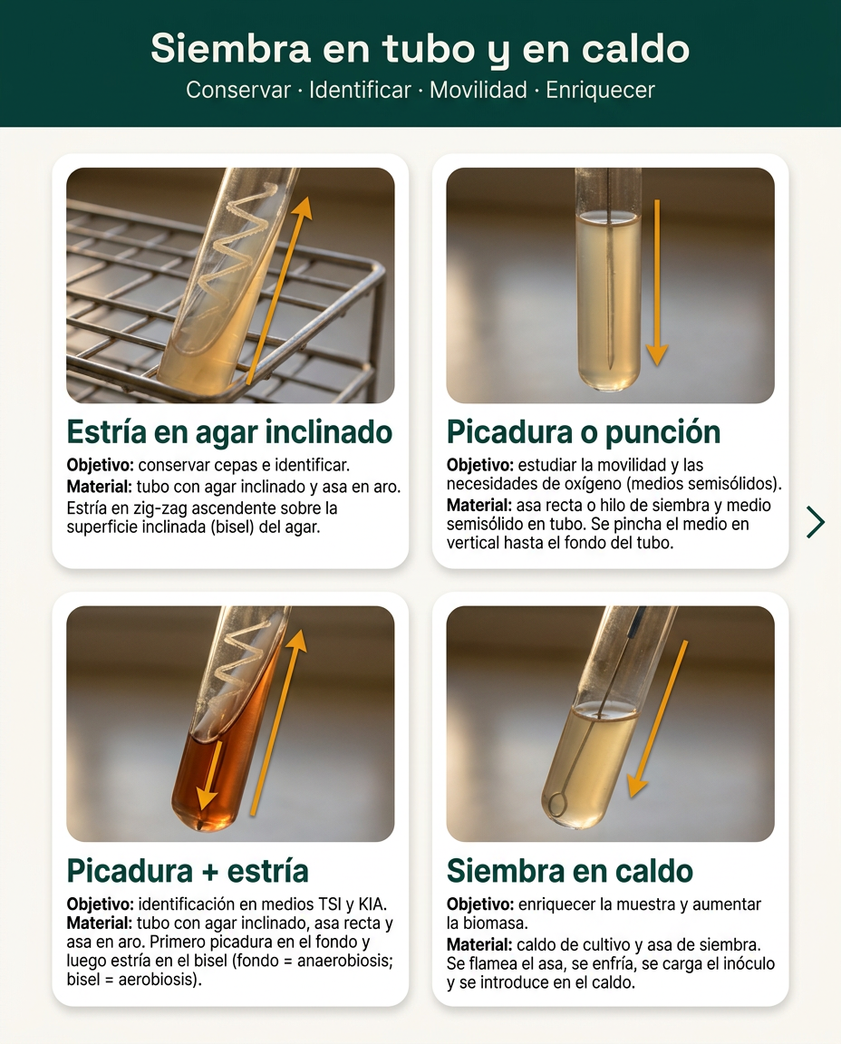 Siembra en tubo (agar inclinado y picadura) y en caldo